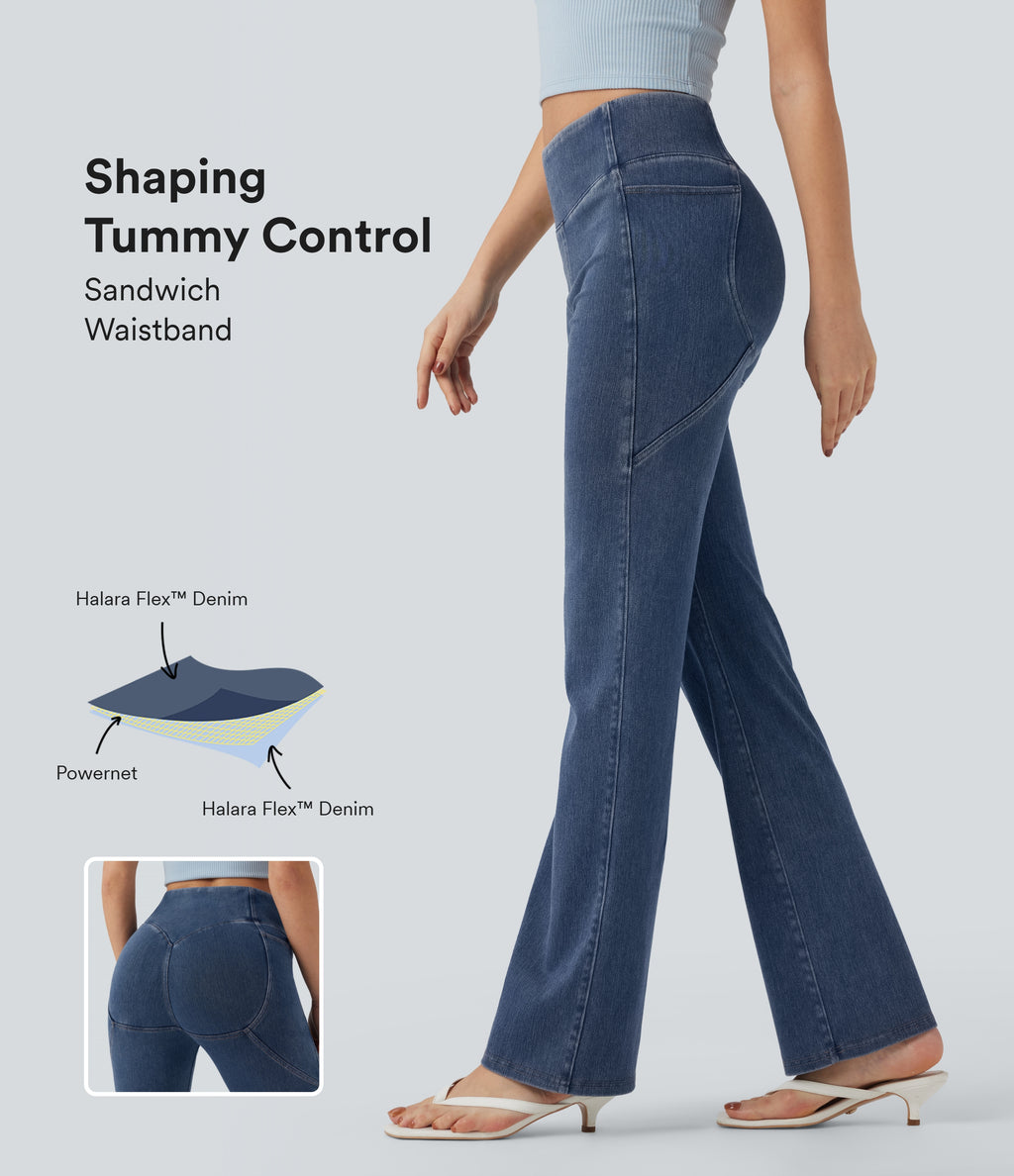 High Waisted Tummy Control Casual Bootcut Jeans with Pockets — Tide Blue Denim — view 1