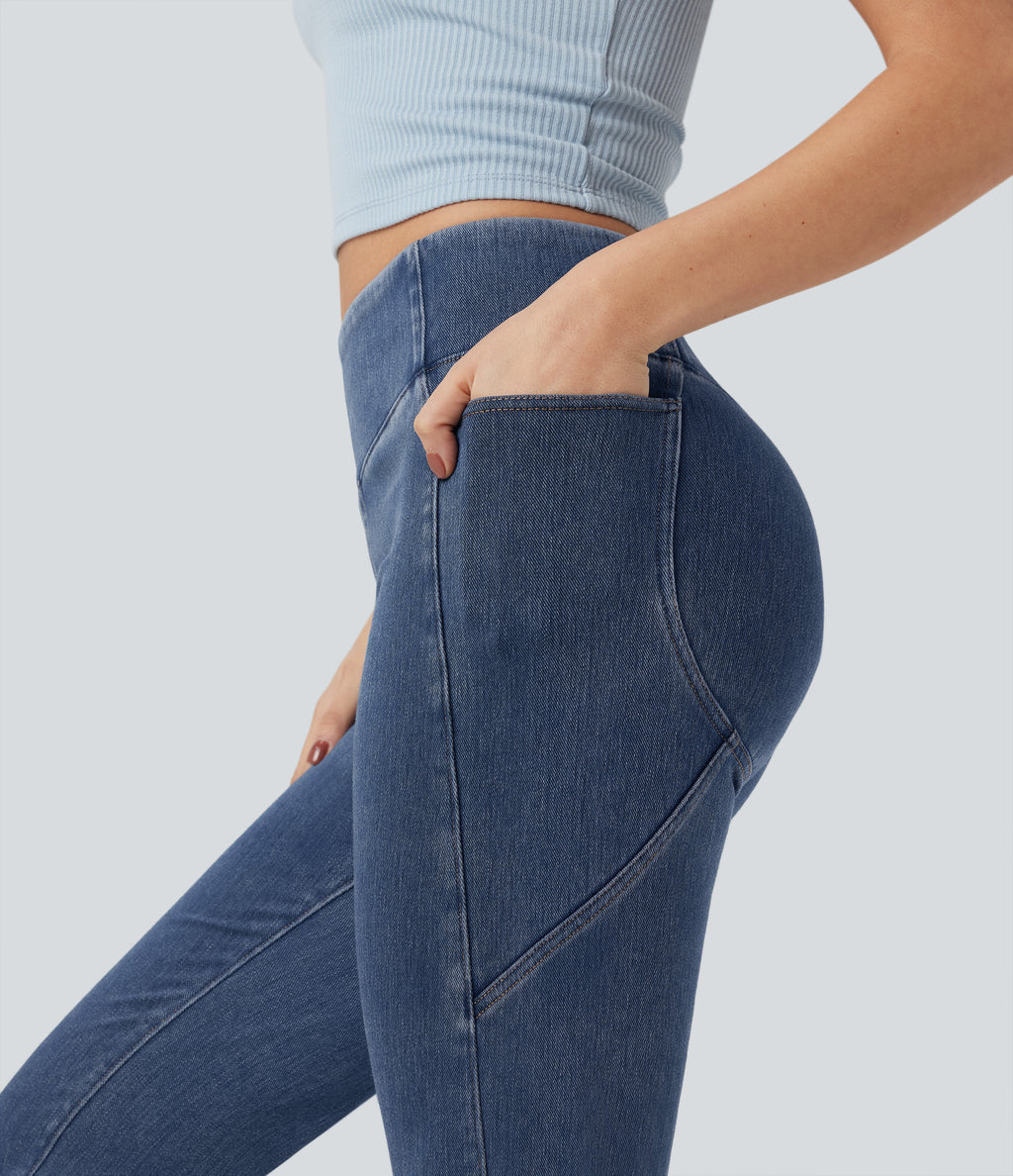 High Waisted Tummy Control Casual Bootcut Jeans with Pockets — Tide Blue Denim — view 5