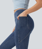 High Waisted Tummy Control Casual Bootcut Jeans with Pockets — Tide Blue Denim — view 5