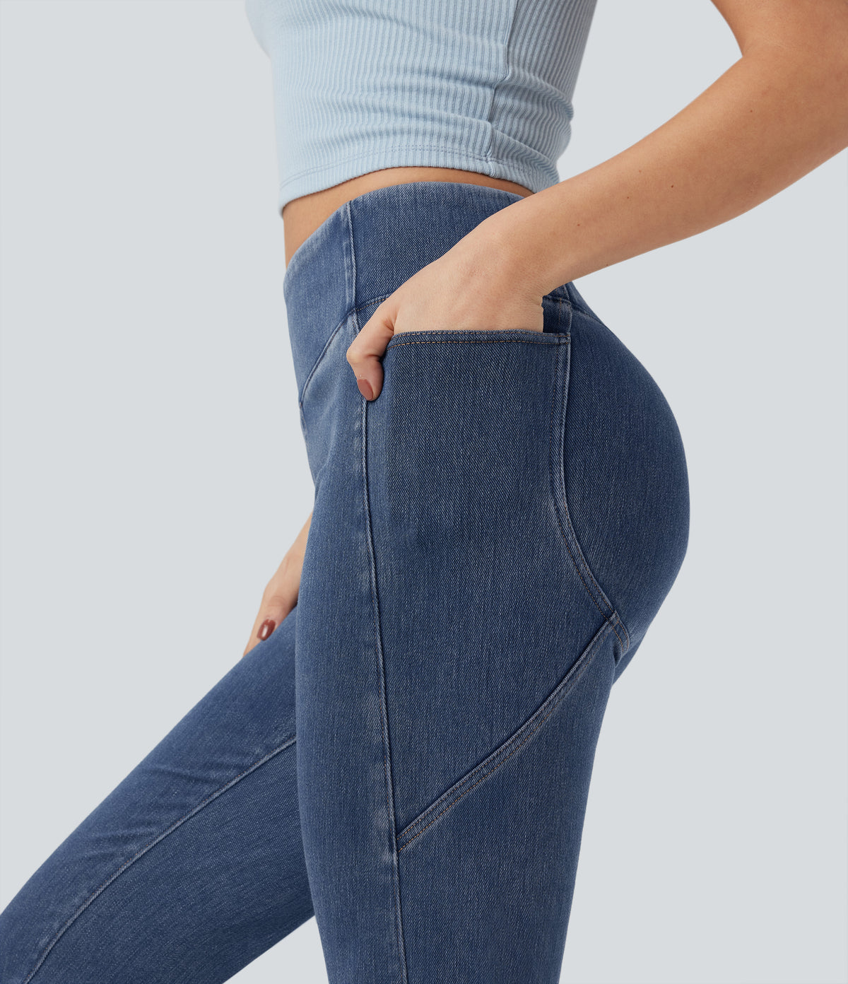 High Waisted Tummy Control Casual Bootcut Jeans with Pockets — Tide Blue Denim — view 5