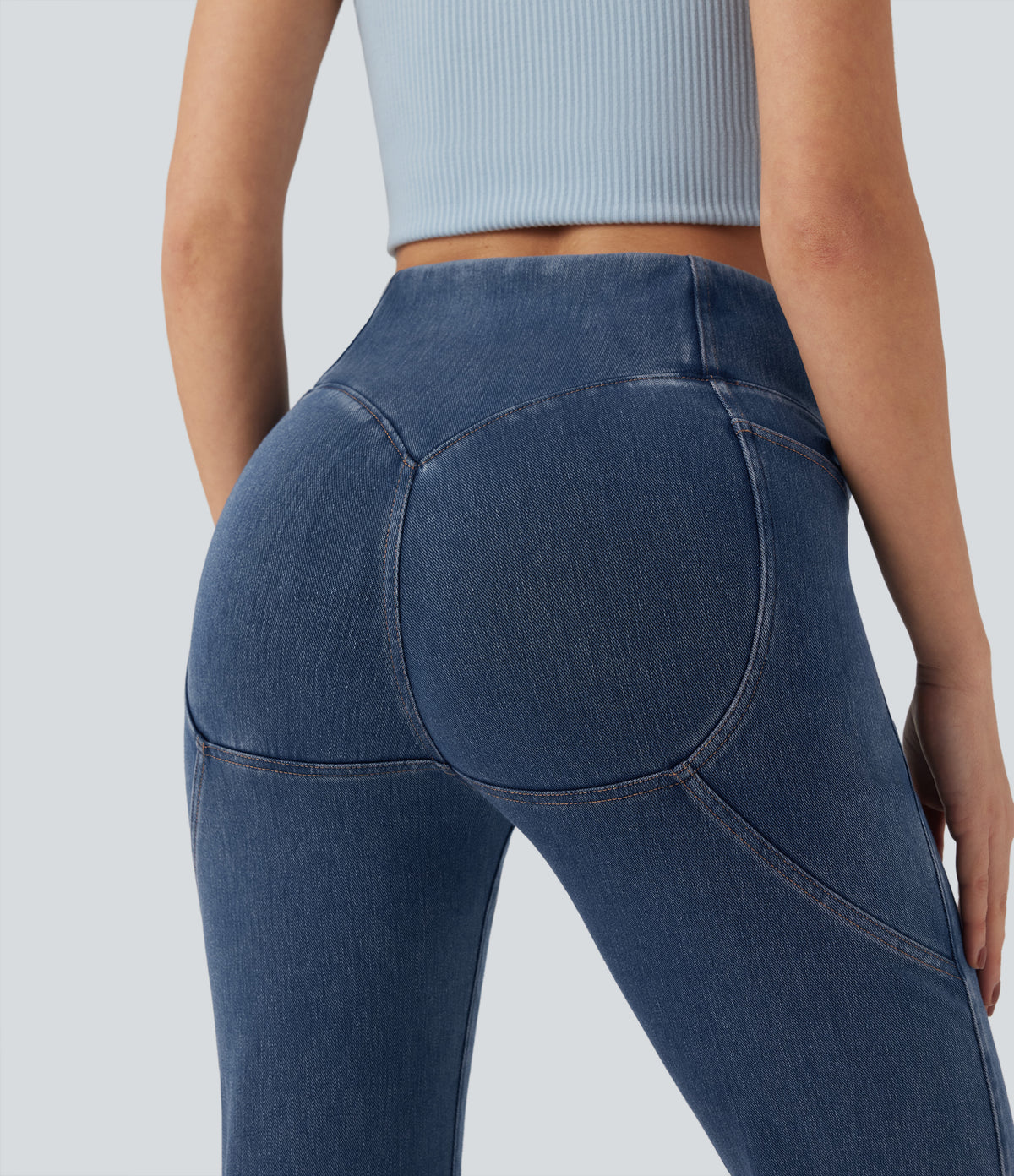High Waisted Tummy Control Casual Bootcut Jeans with Pockets — Tide Blue Denim — view 4