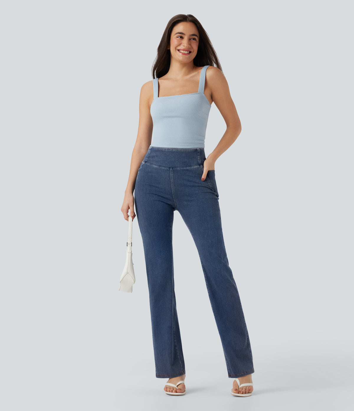 High Waisted Tummy Control Casual Bootcut Jeans with Pockets — Tide Blue Denim — view 7