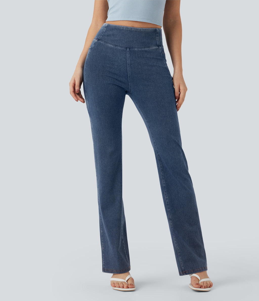 High Waisted Tummy Control Casual Bootcut Jeans with Pockets — Tide Blue Denim — view 3
