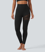 High Waisted Contrast Mesh Adjustable Buckle Dance Leggings with Pocket — Black — view 3