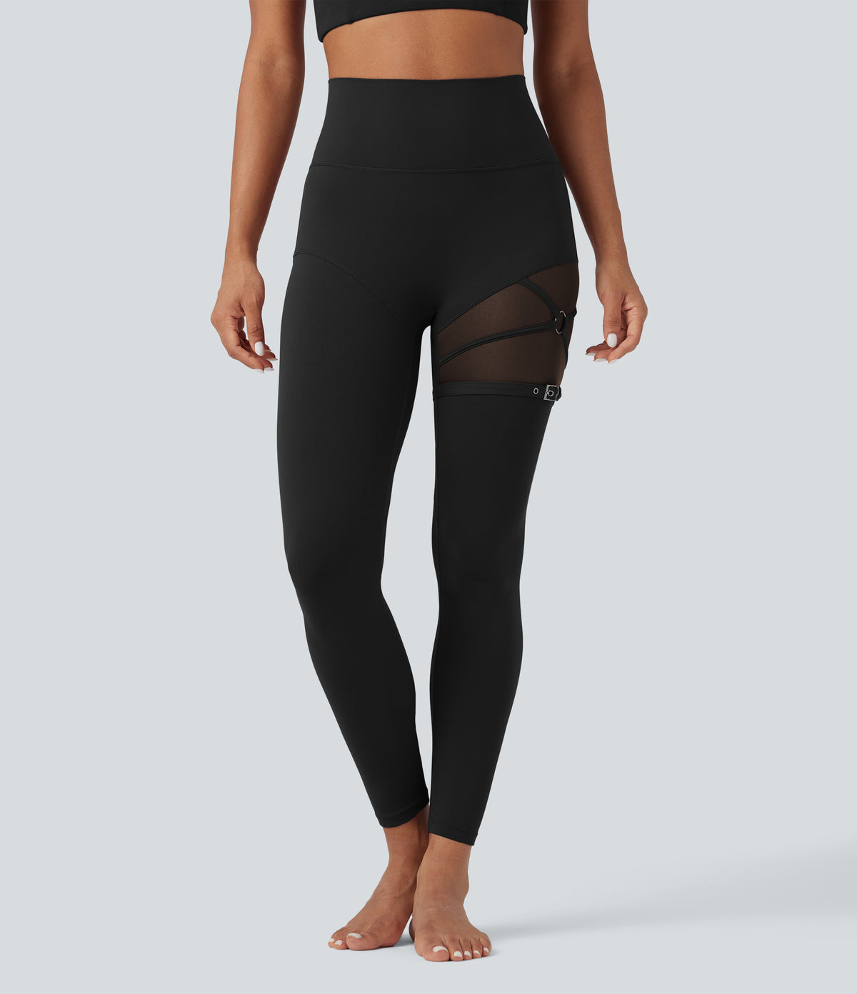 High Waisted Contrast Mesh Adjustable Buckle Dance Leggings with Pocket — Black — view 3