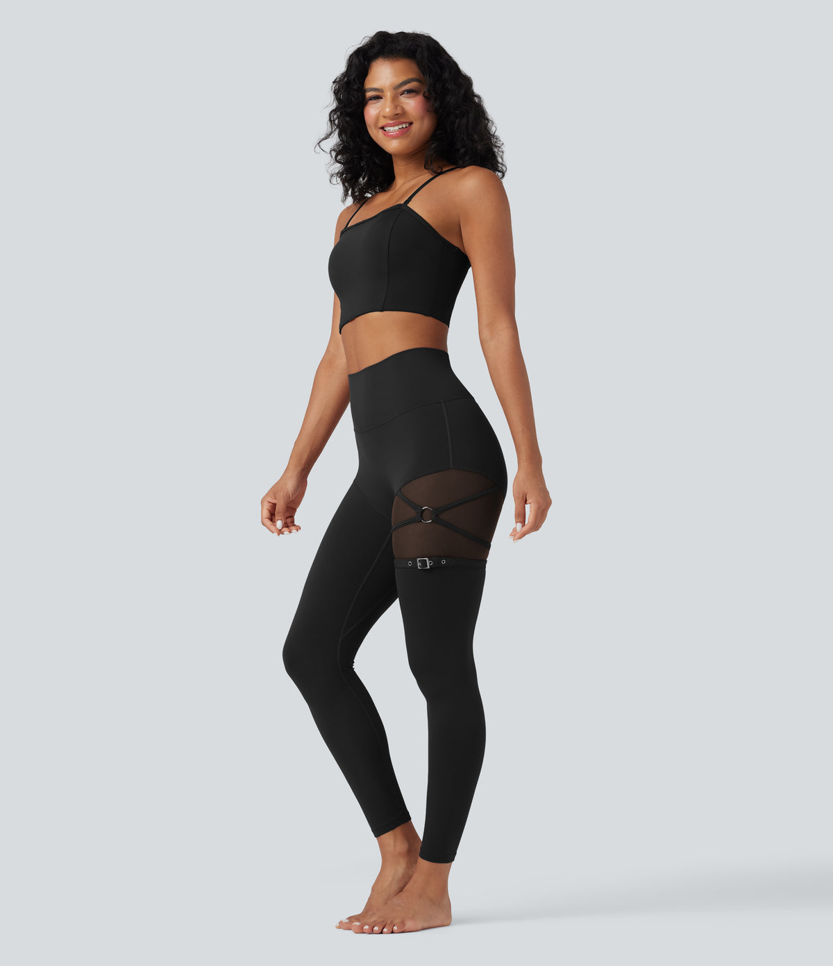 High Waisted Contrast Mesh Adjustable Buckle Dance Leggings with Pocket — Black — view 6