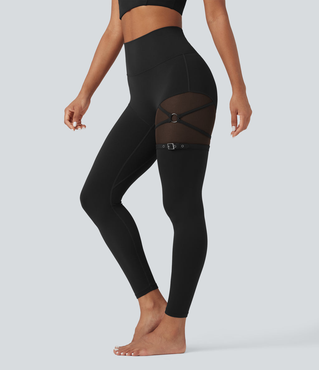 High Waisted Contrast Mesh Adjustable Buckle Dance Leggings with Pocket — Black — view 1