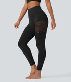 High Waisted Contrast Mesh Adjustable Buckle Dance Leggings with Pocket — Black — view 1