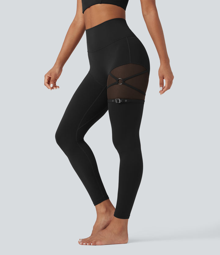High Waisted Contrast Mesh Adjustable Buckle Dance Leggings with Pocket — Black — view 1