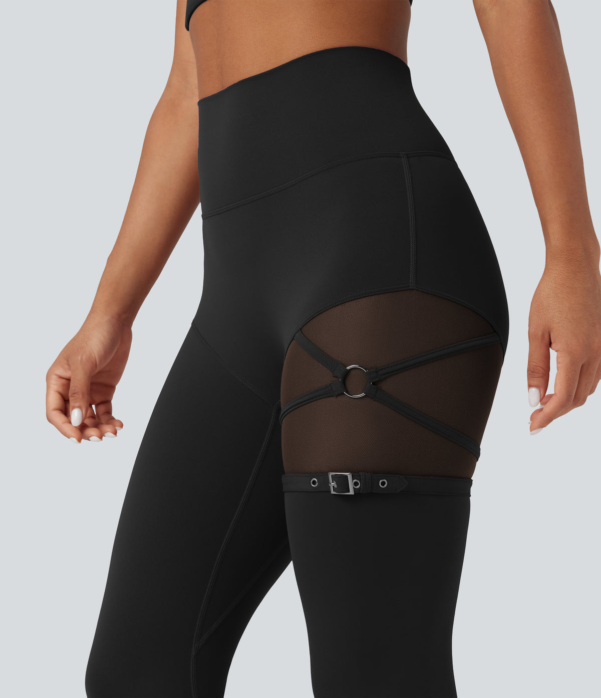 High Waisted Contrast Mesh Adjustable Buckle Dance Leggings with Pocket — Black — view 4