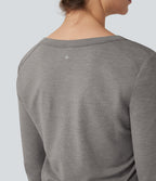 V Neck Long Sleeve Thumb Hole Drawstring Workout Jumpsuit with Pockets-Edition — Mottled Earth Gray — view 5