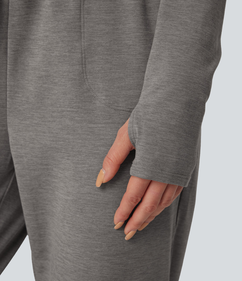 V Neck Long Sleeve Thumb Hole Drawstring Workout Jumpsuit with Pockets-Edition — Mottled Earth Gray — view 8