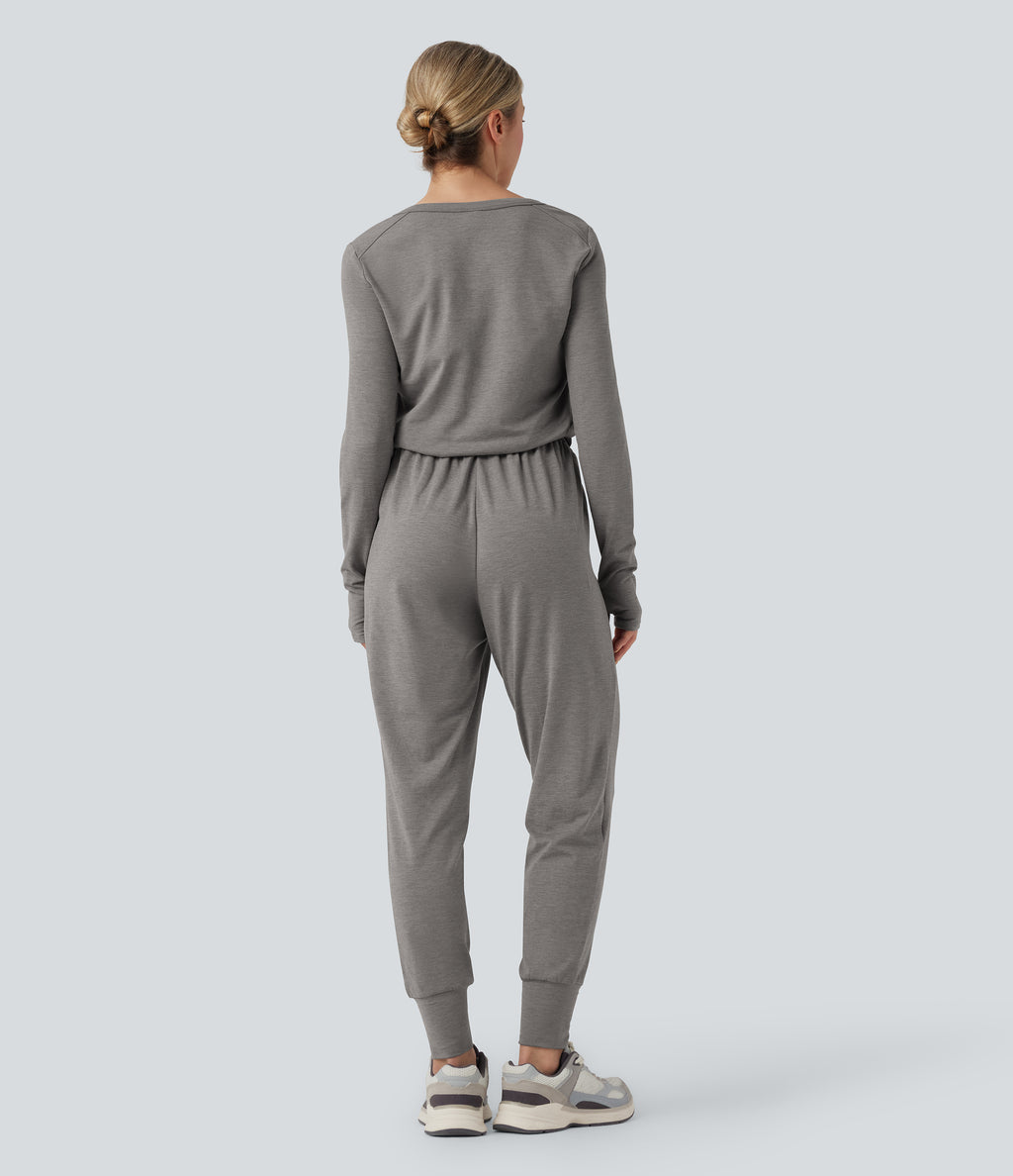 V Neck Long Sleeve Thumb Hole Drawstring Workout Jumpsuit with Pockets-Edition — Mottled Earth Gray — view 2