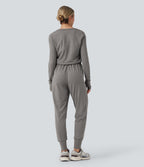 V Neck Long Sleeve Thumb Hole Drawstring Workout Jumpsuit with Pockets-Edition — Mottled Earth Gray — view 2