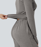 V Neck Long Sleeve Thumb Hole Drawstring Workout Jumpsuit with Pockets-Edition — Mottled Earth Gray — view 6