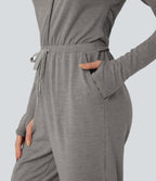 V Neck Long Sleeve Thumb Hole Drawstring Workout Jumpsuit with Pockets-Edition — Mottled Earth Gray — view 7