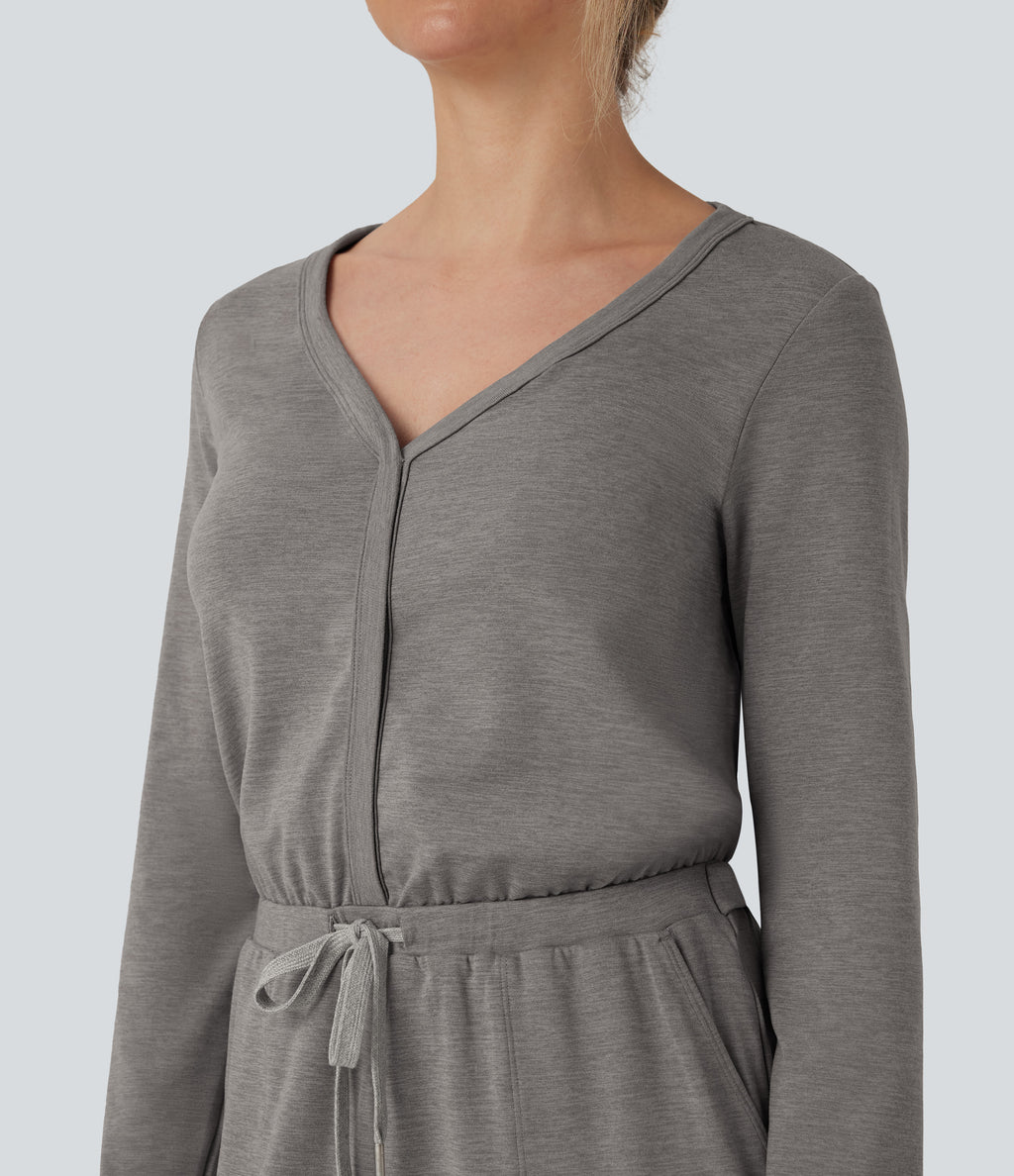 V Neck Long Sleeve Thumb Hole Drawstring Workout Jumpsuit with Pockets-Edition — Mottled Earth Gray — view 4