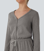 V Neck Long Sleeve Thumb Hole Drawstring Workout Jumpsuit with Pockets-Edition — Mottled Earth Gray — view 4