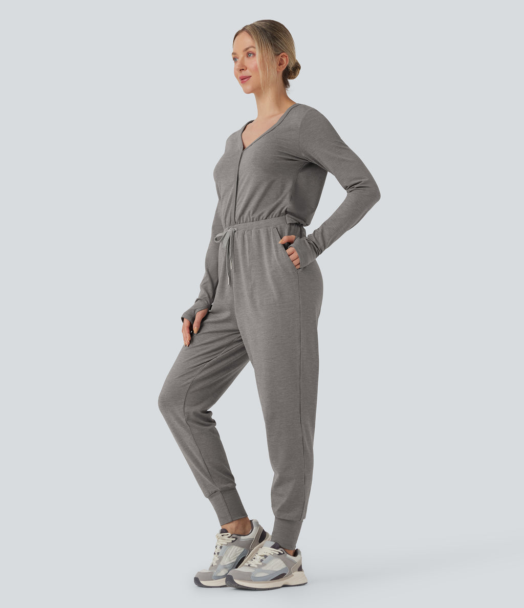 V Neck Long Sleeve Thumb Hole Drawstring Workout Jumpsuit with Pockets-Edition — Mottled Earth Gray — view 3