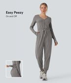 V Neck Long Sleeve Thumb Hole Drawstring Workout Jumpsuit with Pockets-Edition — Mottled Earth Gray — view 1