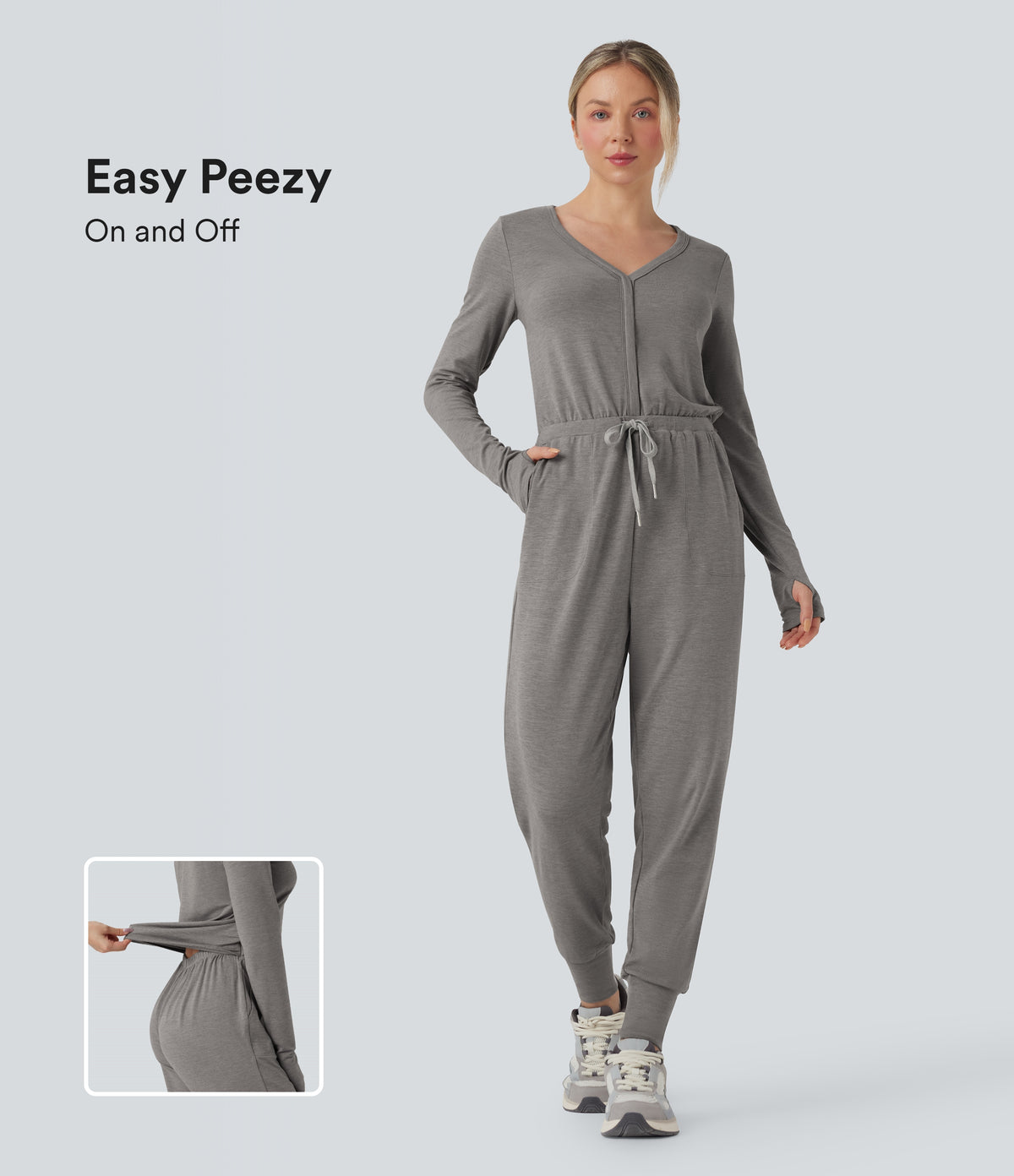 V Neck Long Sleeve Thumb Hole Drawstring Workout Jumpsuit with Pockets-Edition — Mottled Earth Gray — view 1