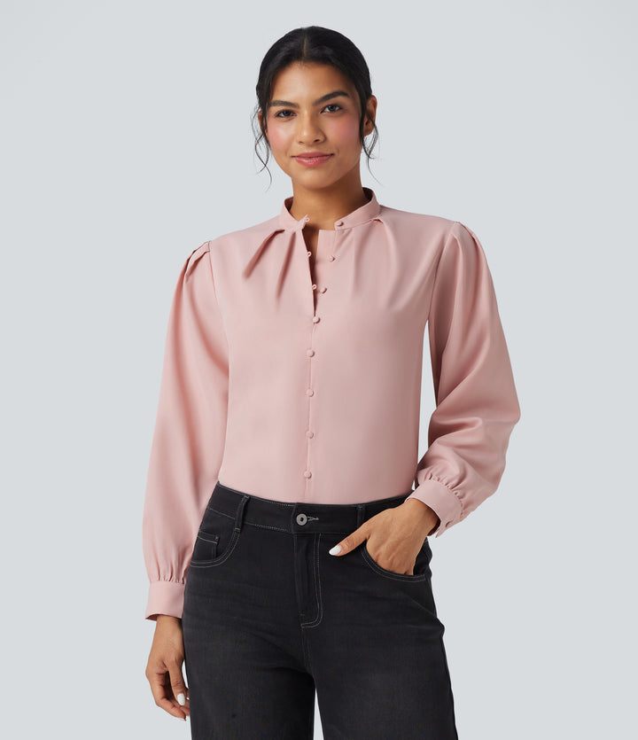 Stand Collar Long Sleeve Casual Shirt — Light Elegant Pink — view 1
