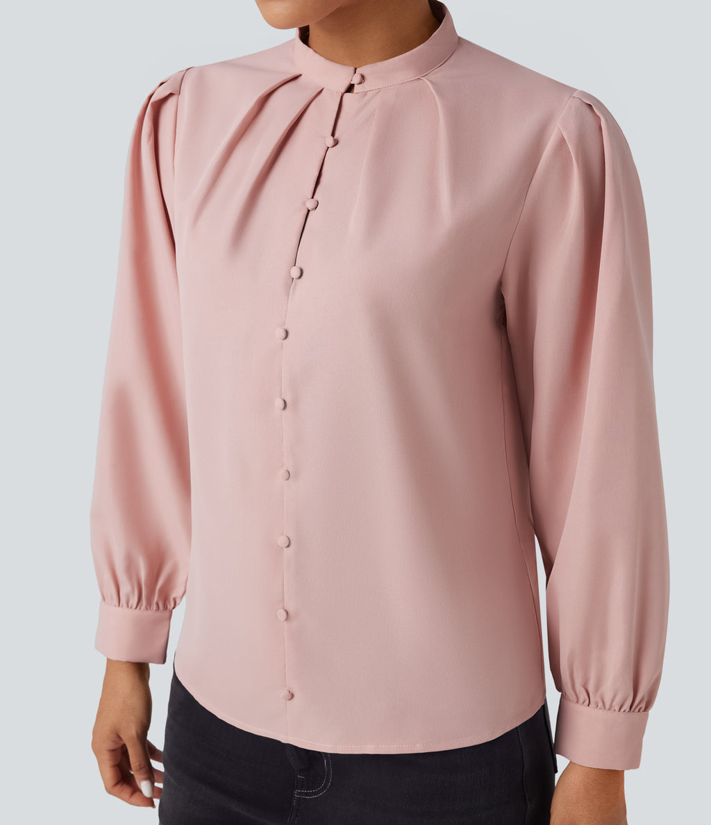 Stand Collar Long Sleeve Casual Shirt — Light Elegant Pink — view 5