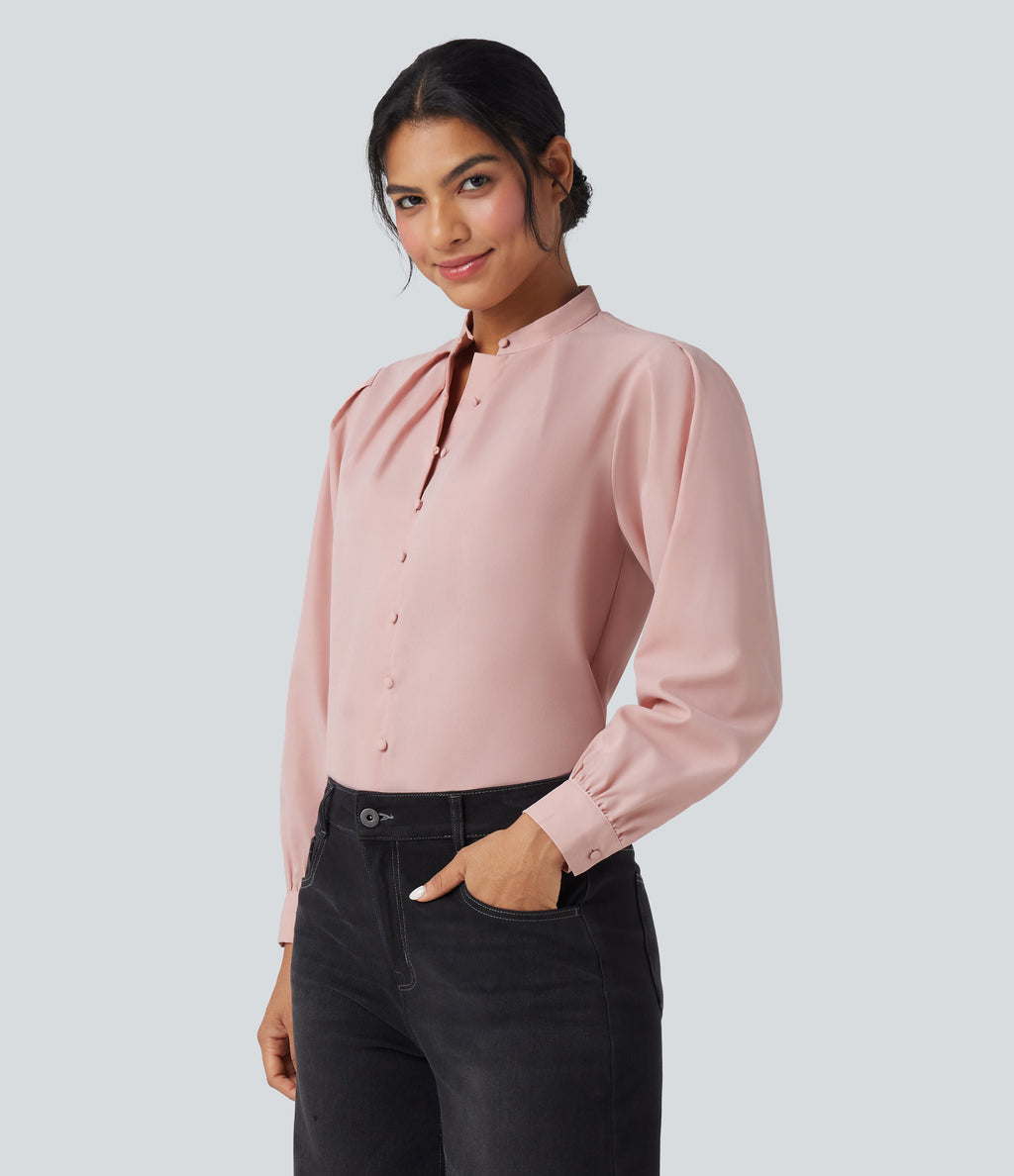 Stand Collar Long Sleeve Casual Shirt — Light Elegant Pink — view 3