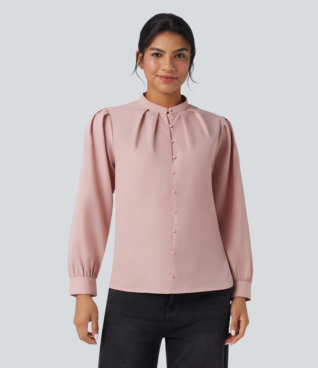 Stand Collar Long Sleeve Casual Shirt — Light Elegant Pink — view 6
