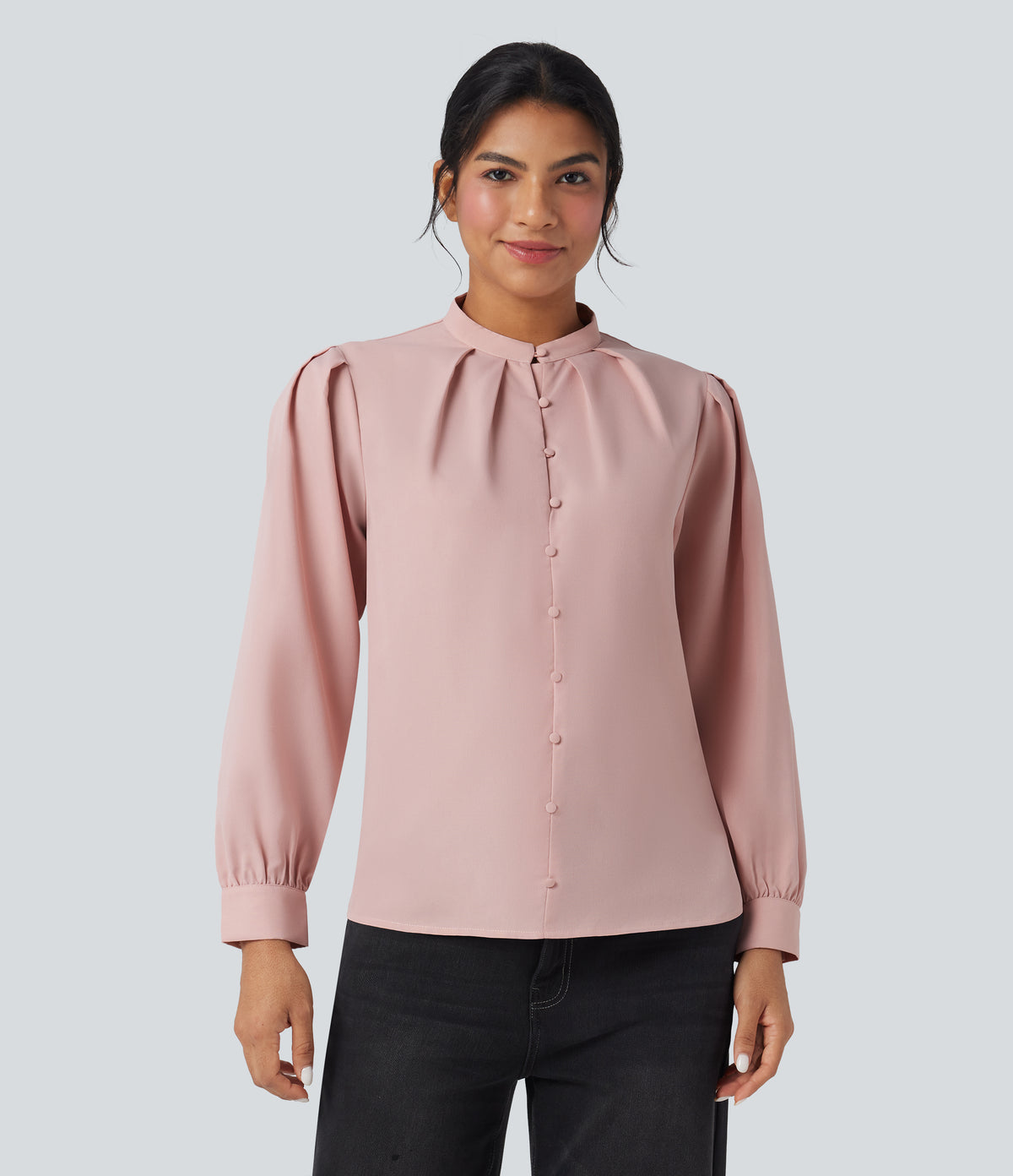 Stand Collar Long Sleeve Casual Shirt — Light Elegant Pink — view 6