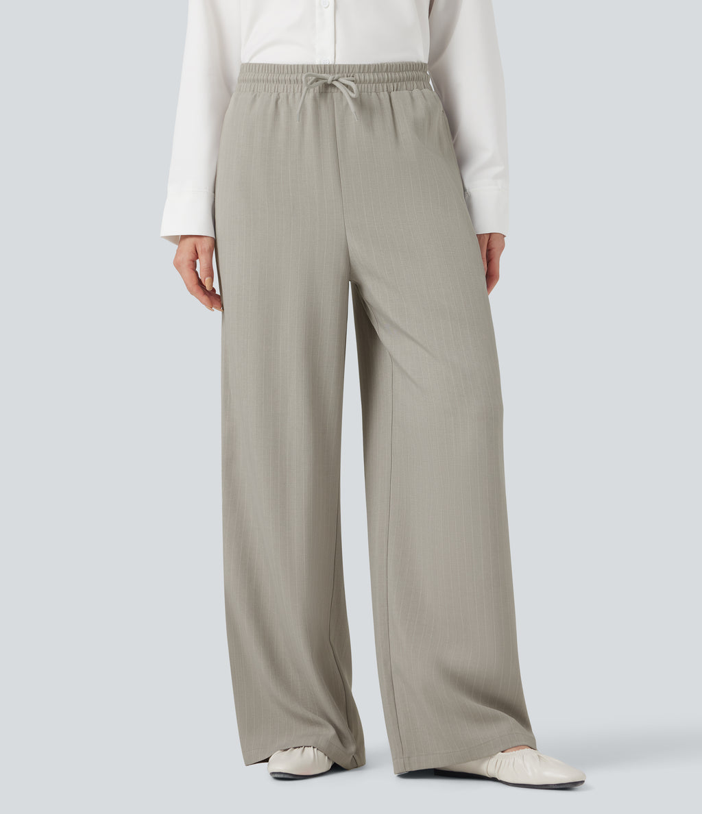 High Waisted Drawstring Wide Leg Stripe Casual Trousers with Pockets — Stone Heather — view 6