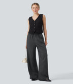 High Waisted Drawstring Wide Leg Stripe Casual Trousers with Pockets — Charcoal Pinstripe — view 1