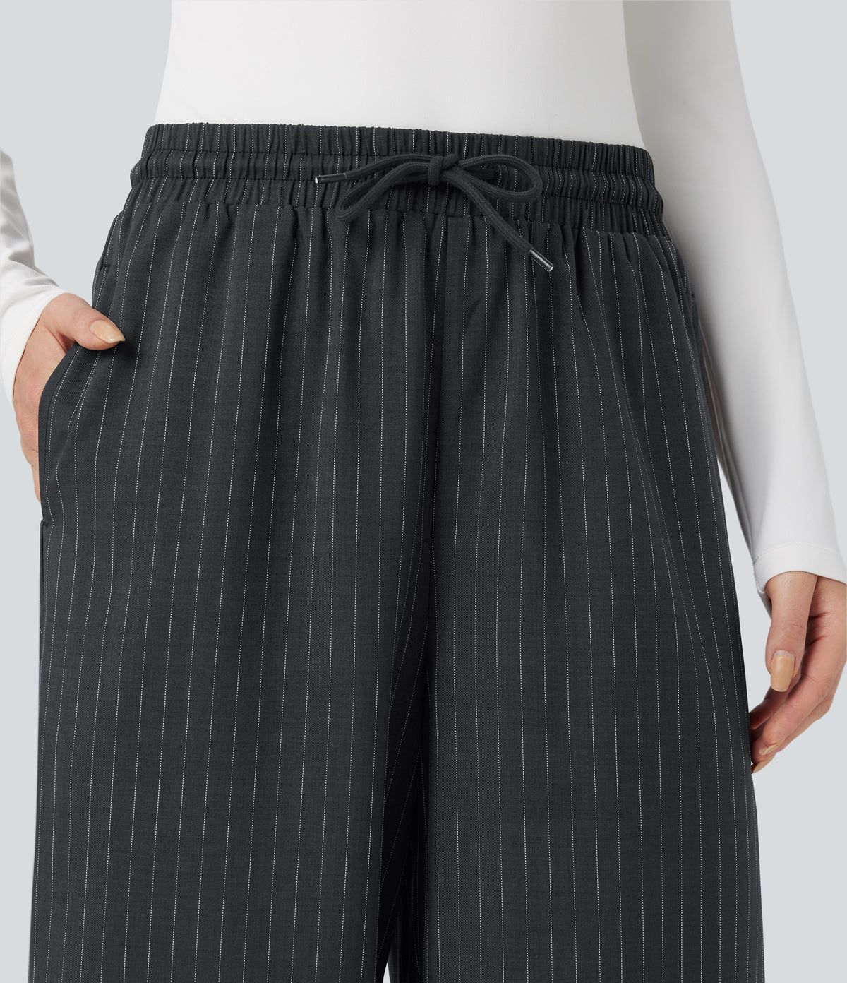High Waisted Drawstring Wide Leg Stripe Casual Trousers with Pockets — Charcoal Pinstripe — view 5
