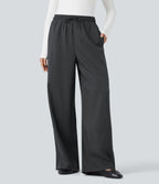 High Waisted Drawstring Wide Leg Stripe Casual Trousers with Pockets — Charcoal Pinstripe — view 2