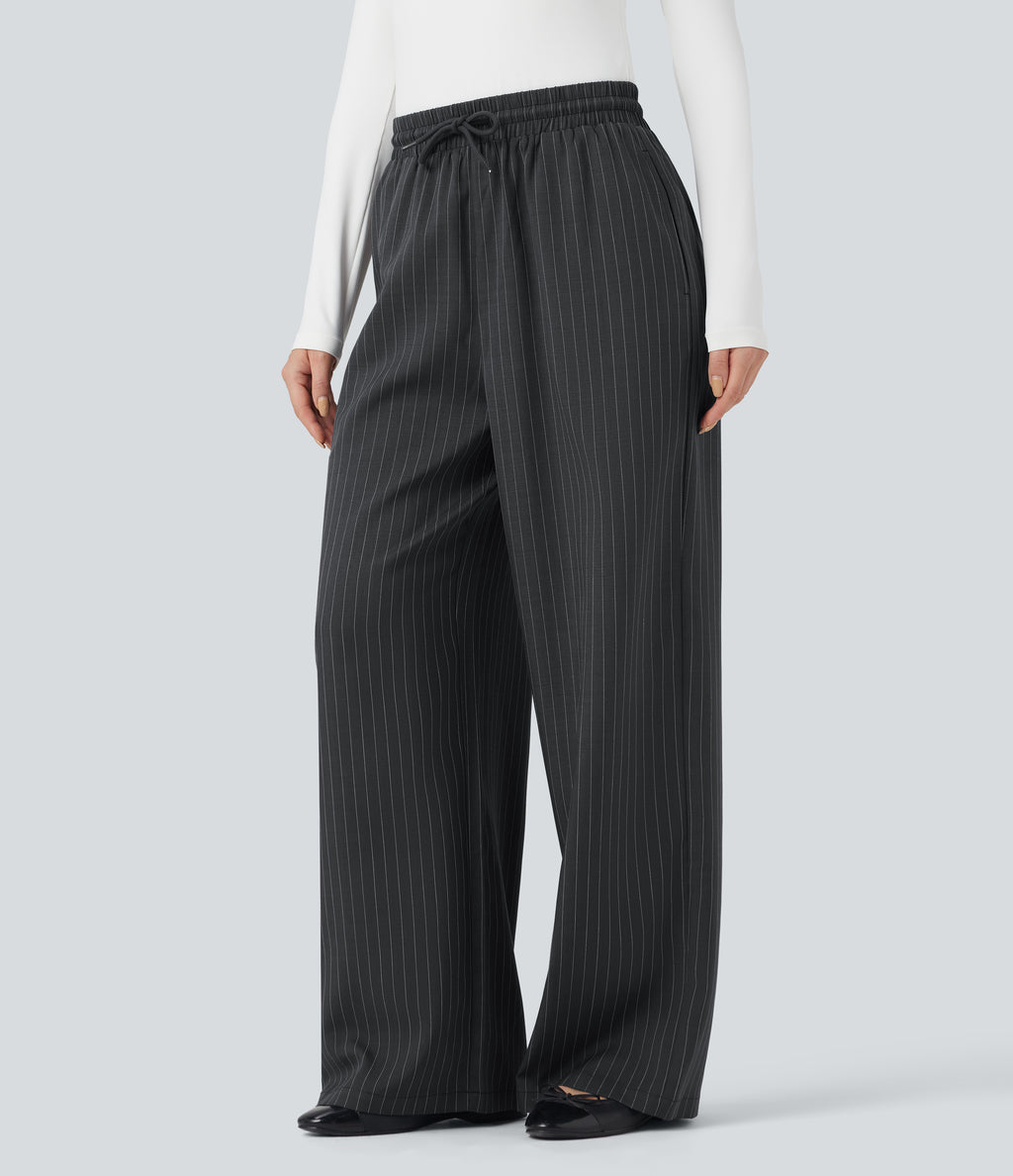 High Waisted Drawstring Wide Leg Stripe Casual Trousers with Pockets — Charcoal Pinstripe — view 4