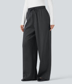 High Waisted Drawstring Wide Leg Stripe Casual Trousers with Pockets — Charcoal Pinstripe — view 4