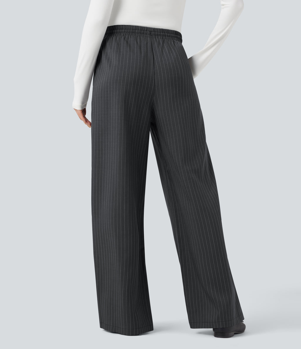 High Waisted Drawstring Wide Leg Stripe Casual Trousers with Pockets — Charcoal Pinstripe — view 3