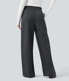 High Waisted Drawstring Wide Leg Stripe Casual Trousers with Pockets — Charcoal Pinstripe — view 3