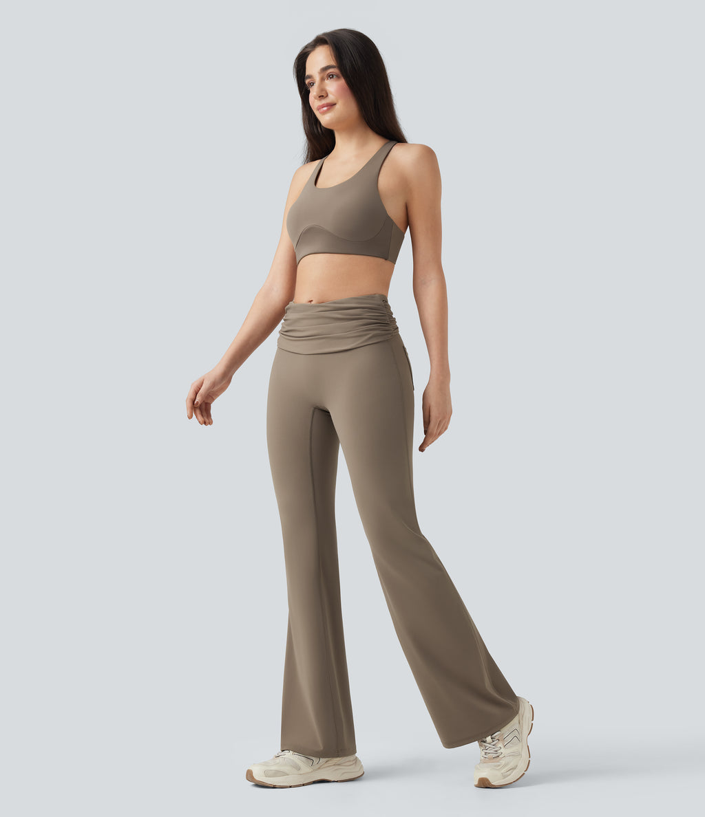 Foldover Mid Rise Ruched Tummy Control Dance Bootcut Leggings with Pockets — Dawn Brown — view 7