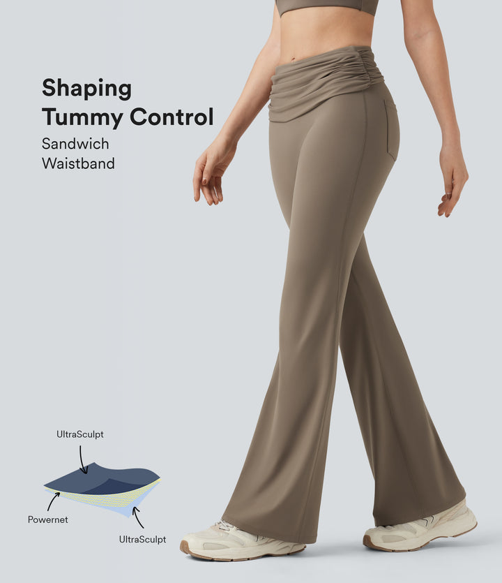 Foldover Mid Rise Ruched Tummy Control Dance Bootcut Leggings with Pockets — Dawn Brown — view 1