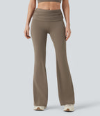 Foldover Mid Rise Ruched Tummy Control Dance Bootcut Leggings with Pockets — Dawn Brown — view 3