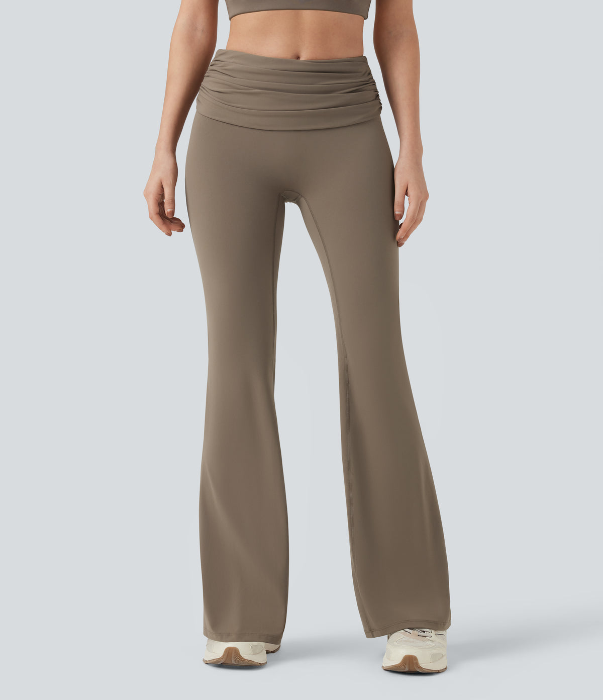 Foldover Mid Rise Ruched Tummy Control Dance Bootcut Leggings with Pockets — Dawn Brown — view 3