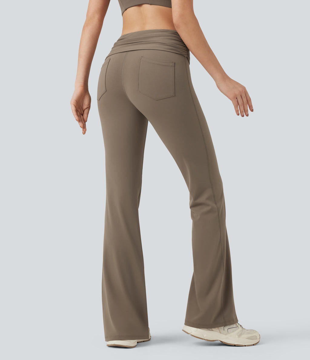 Foldover Mid Rise Ruched Tummy Control Dance Bootcut Leggings with Pockets — Dawn Brown — view 2
