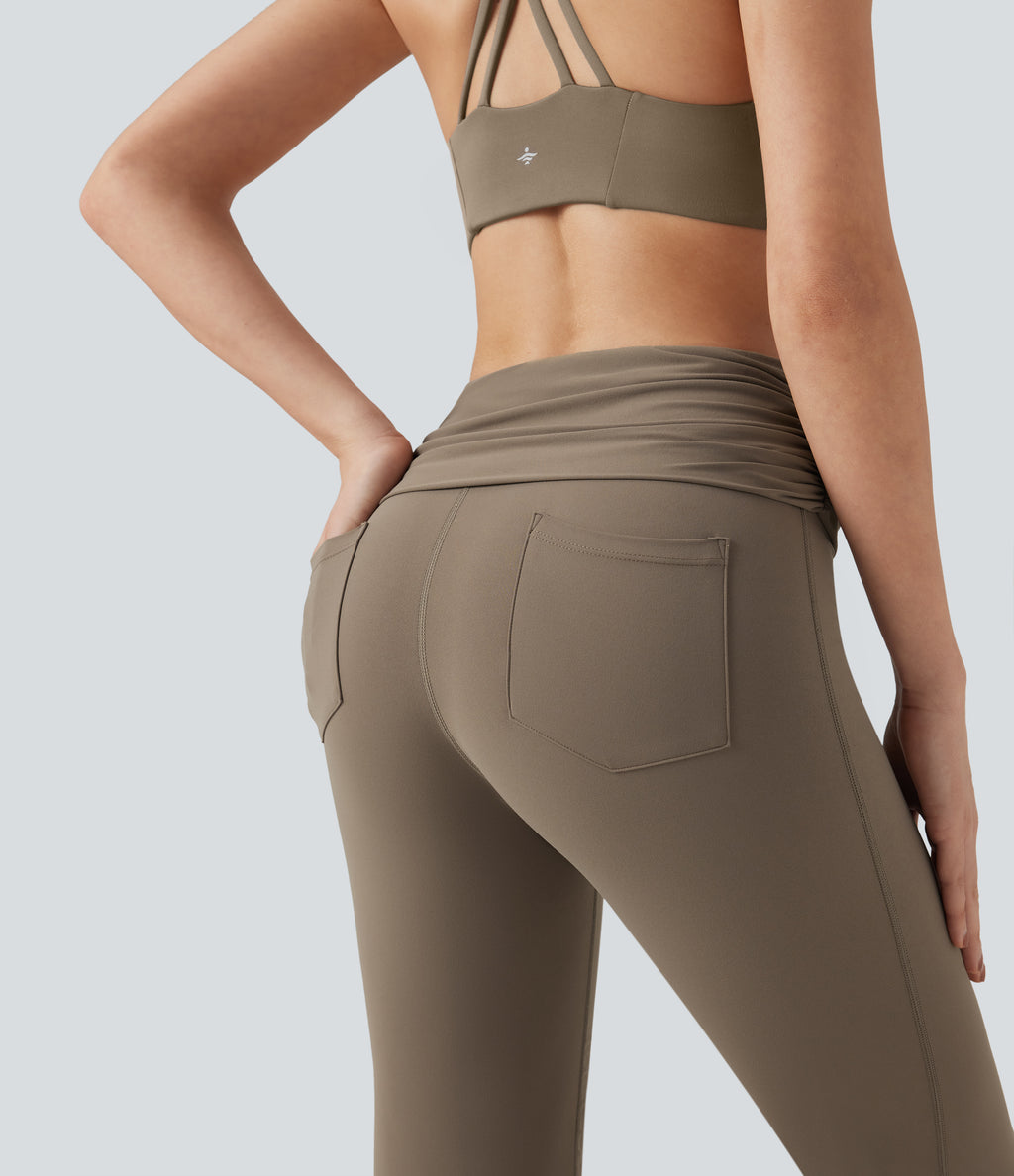 Foldover Mid Rise Ruched Tummy Control Dance Bootcut Leggings with Pockets — Dawn Brown — view 5