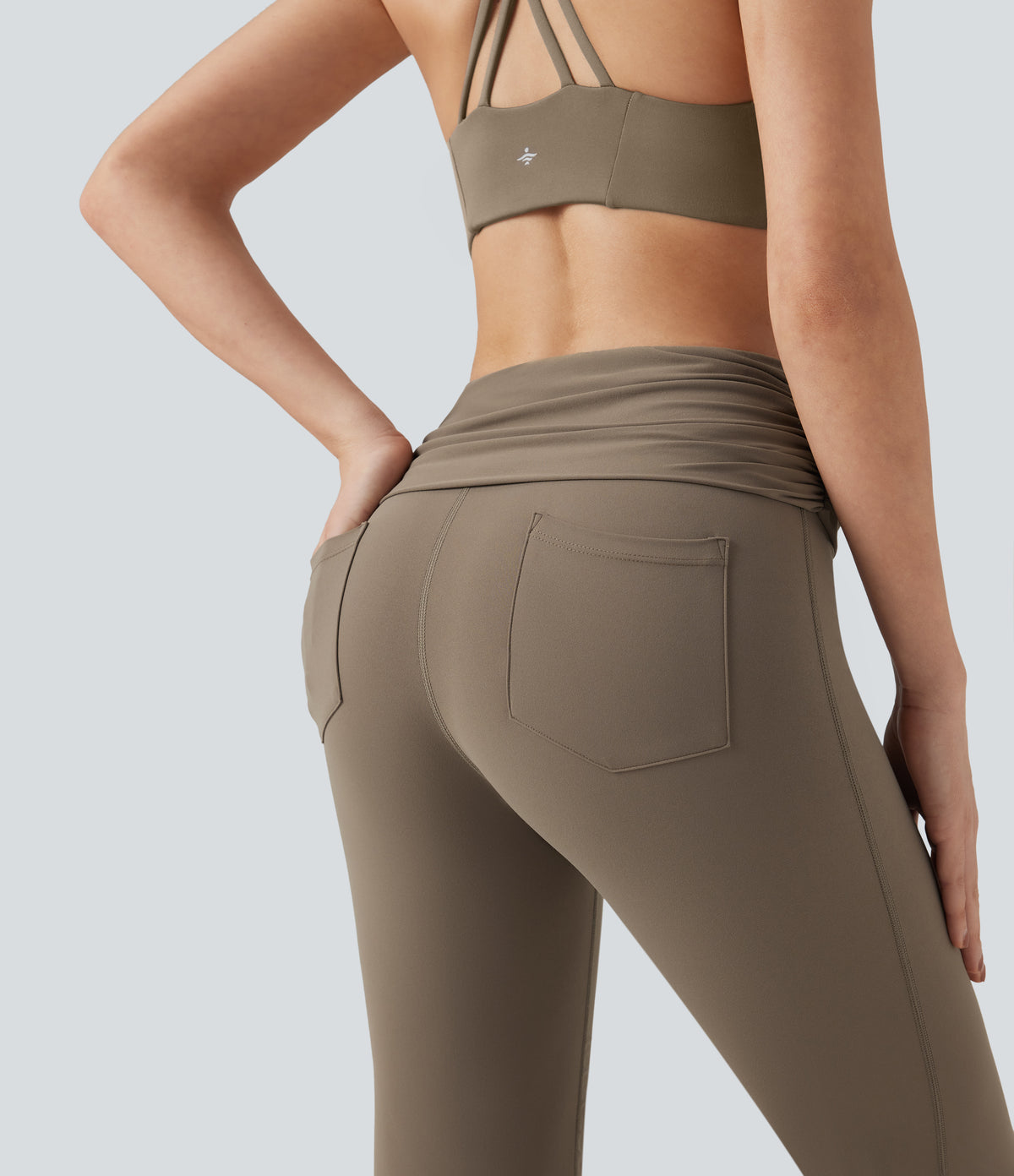 Foldover Mid Rise Ruched Tummy Control Dance Bootcut Leggings with Pockets — Dawn Brown — view 5