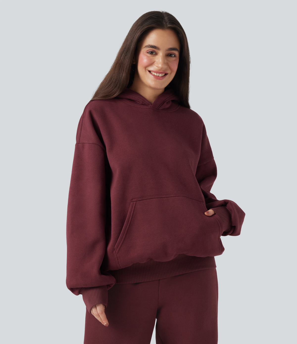 Hooded Long Sleeve Fleece Casual Cotton Sweatshirt with Pockets — Chocolate Truffle — view 3