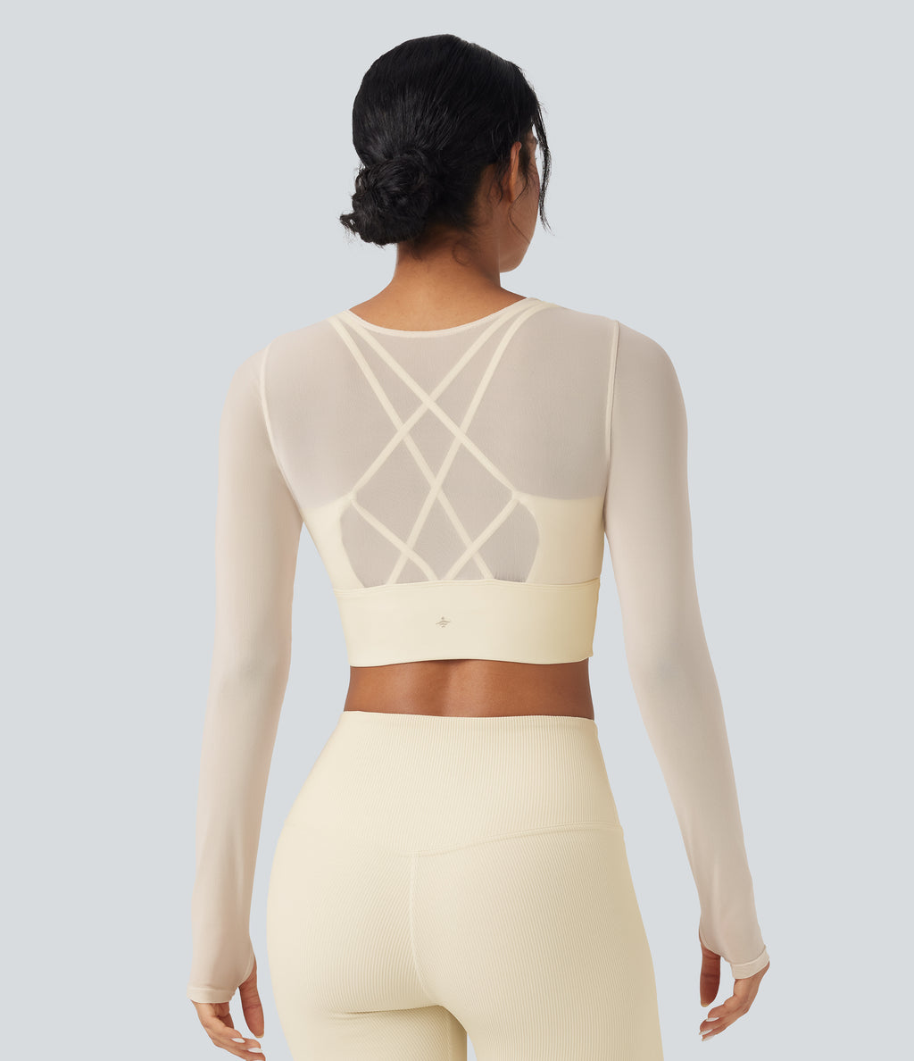 Contrast Mesh Long Sleeve Thumb Hole 2-in-1 Cropped Yoga Sports Top — Pearled Ivory — view 1