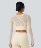 Contrast Mesh Long Sleeve Thumb Hole 2-in-1 Cropped Yoga Sports Top — Pearled Ivory — view 1