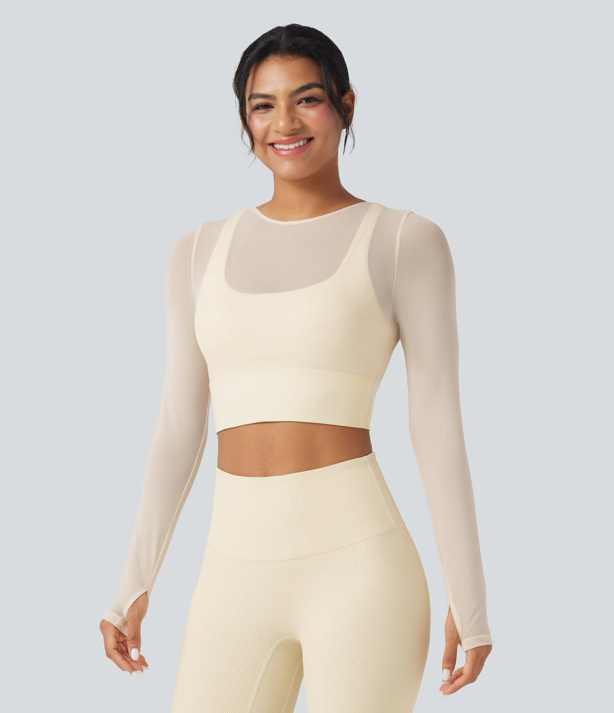 Contrast Mesh Long Sleeve Thumb Hole 2-in-1 Cropped Yoga Sports Top — Pearled Ivory — view 3