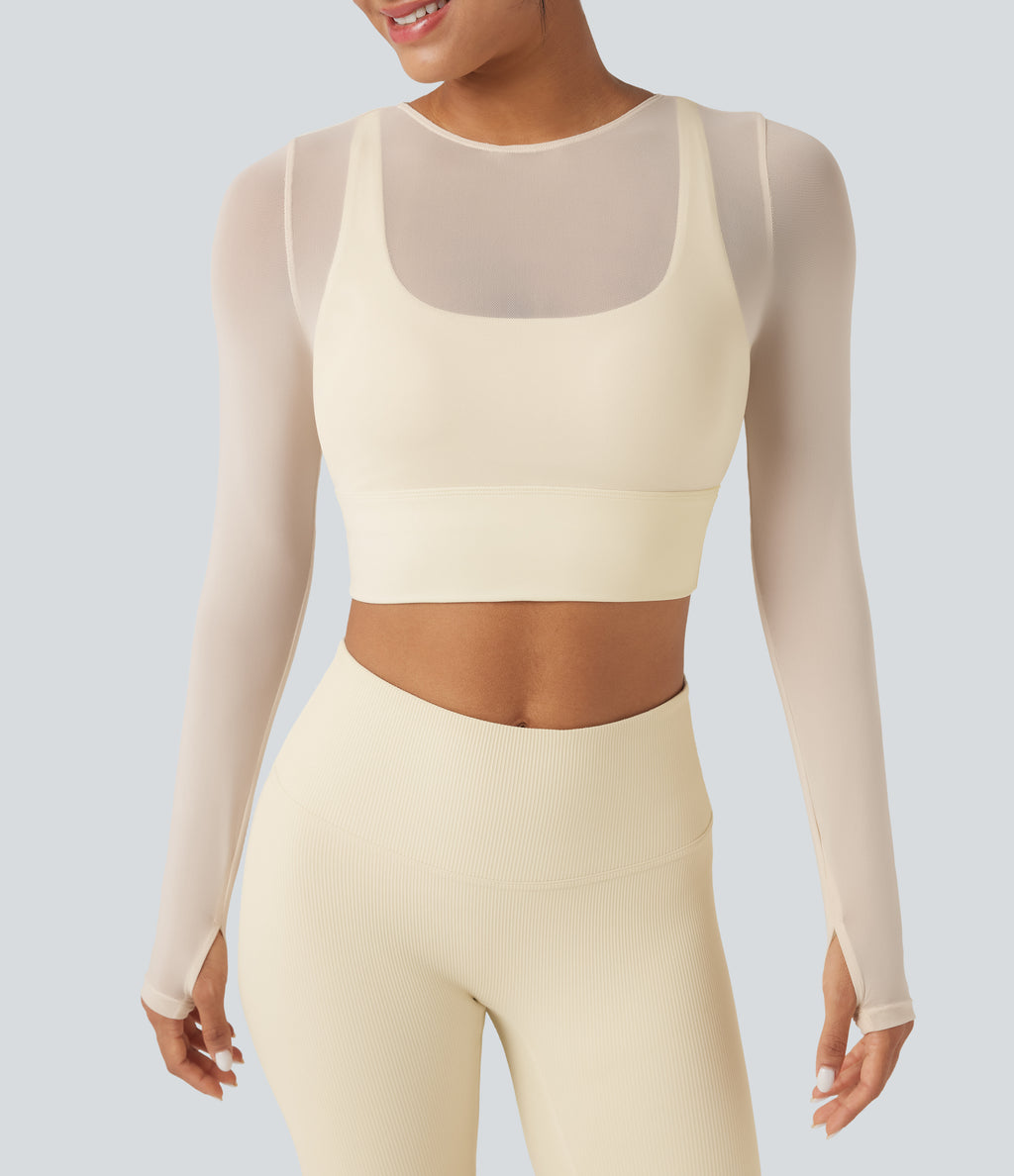 Contrast Mesh Long Sleeve Thumb Hole 2-in-1 Cropped Yoga Sports Top — Pearled Ivory — view 5